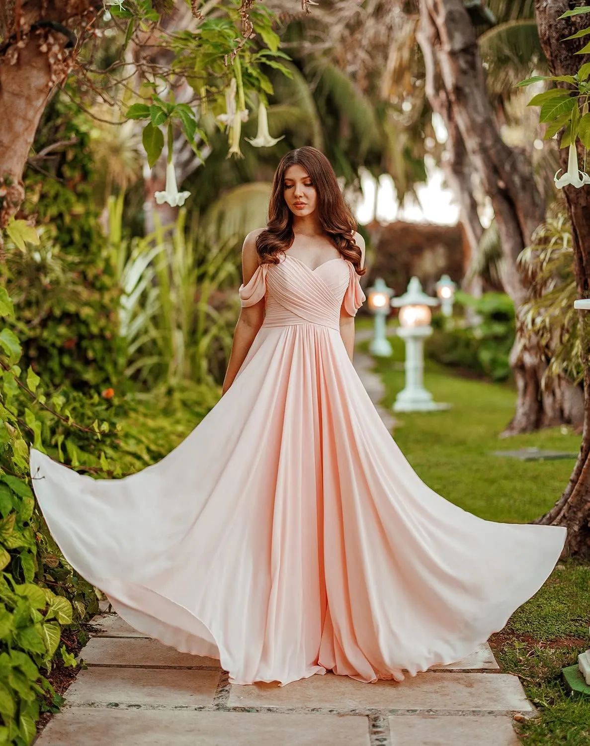 Women's V Neck Off The Shoulder Bridesmaid Dresses with Pockets Ruched Chiffon Long Slit Formal Evening Gown