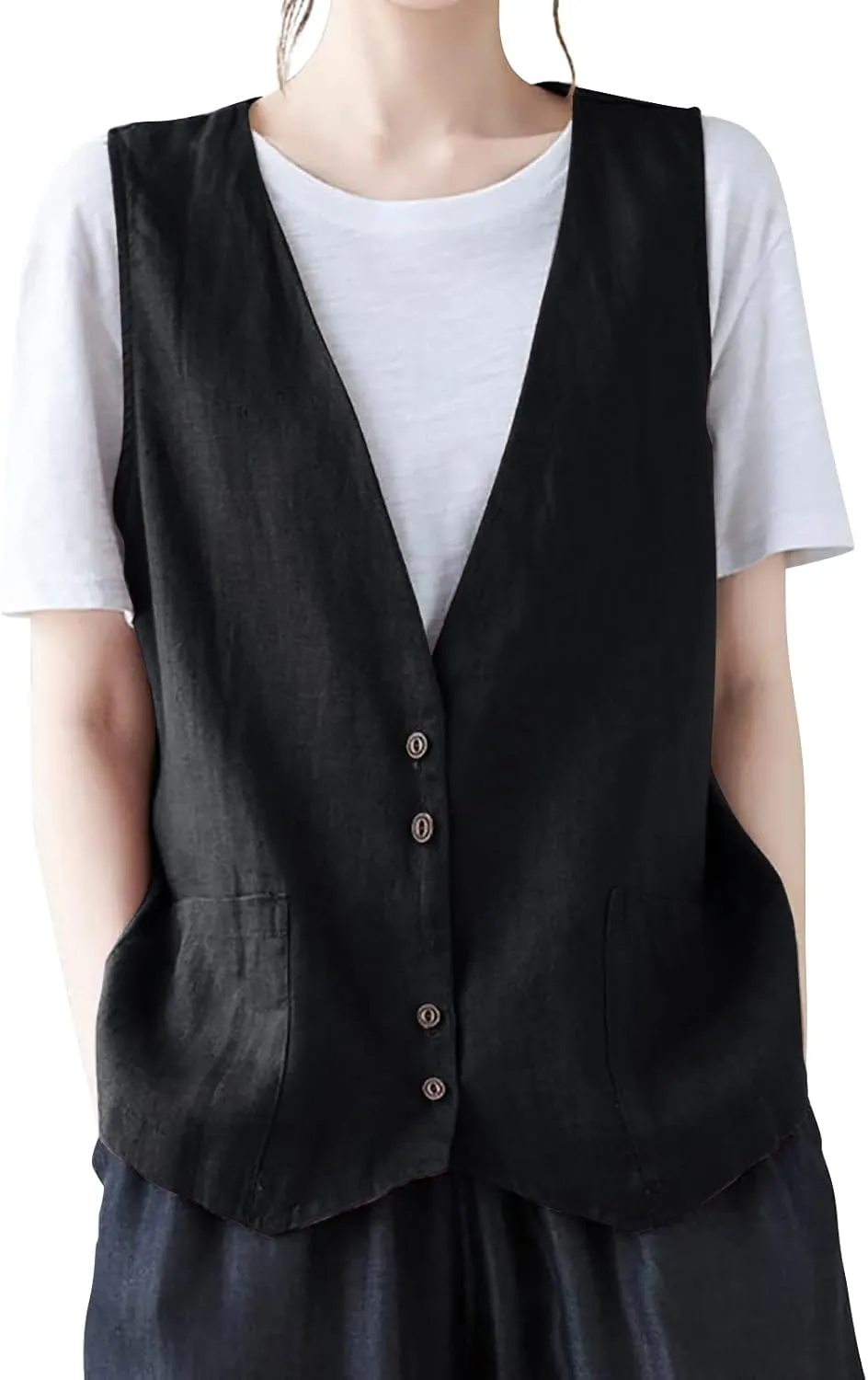 Womens Vest 2023 Summer Cotton Linen Vest Top Vintage Casual Sleeveless Button Down Jacket Loose Vests Outerwear