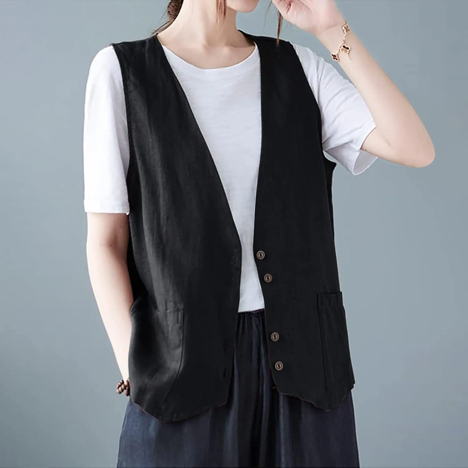 Womens Vest 2023 Summer Cotton Linen Vest Top Vintage Casual Sleeveless Button Down Jacket Loose Vests Outerwear