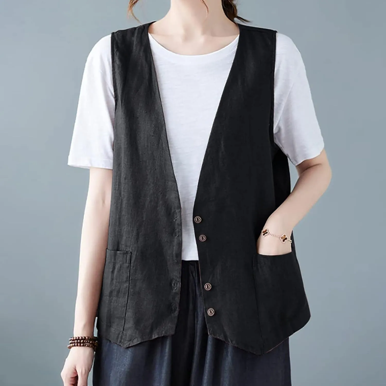 Womens Vest 2023 Summer Cotton Linen Vest Top Vintage Casual Sleeveless Button Down Jacket Loose Vests Outerwear