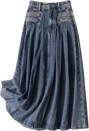 Women's Vintage Pleated Skirt Mid Length Zipper Denim High Waisted Long Casual Skirts