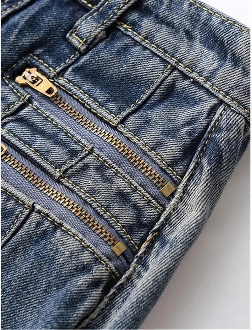 Women's Vintage Pleated Skirt Mid Length Zipper Denim High Waisted Long Casual Skirts