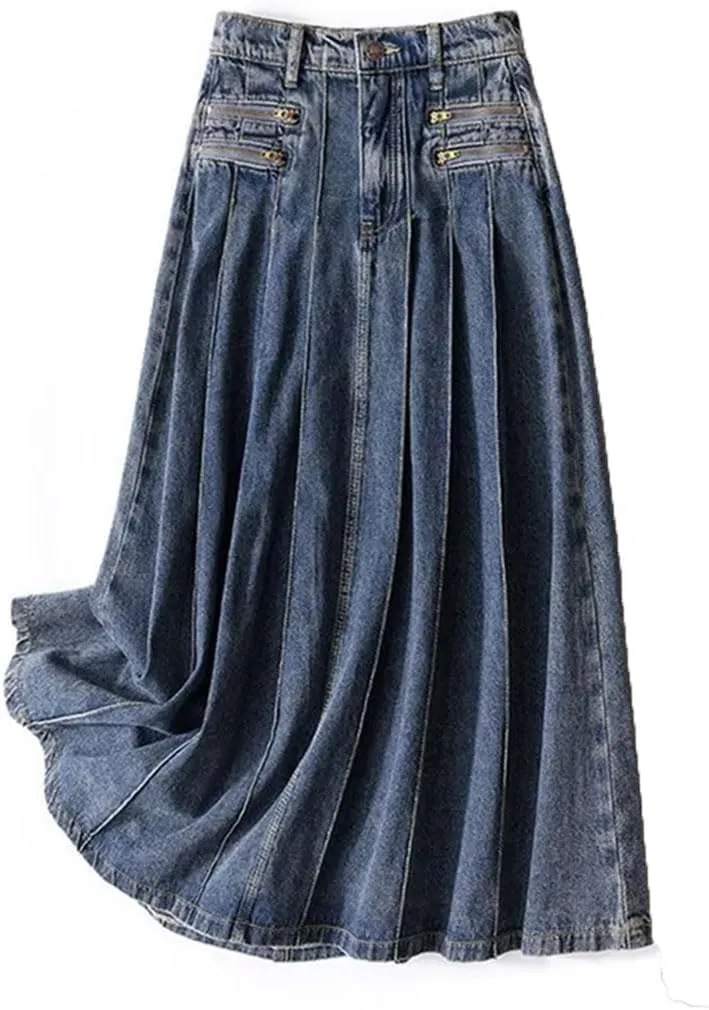 Women's Vintage Pleated Skirt Mid Length Zipper Denim High Waisted Long Casual Skirts