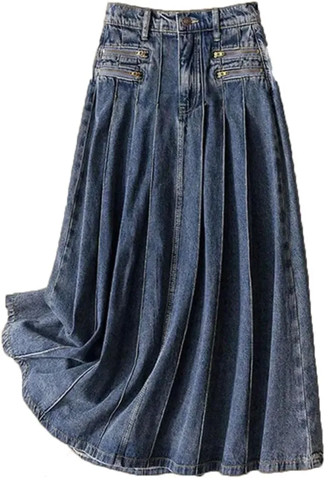 Women's Vintage Pleated Skirt Mid Length Zipper Denim High Waisted Long Casual Skirts