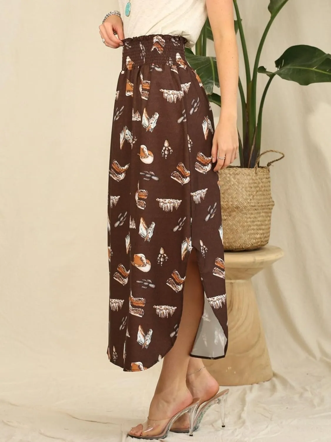 Womens Western Horse Desert Print Smock Waist Maxi Skirt Tribal Cowgirl Skirt Dress