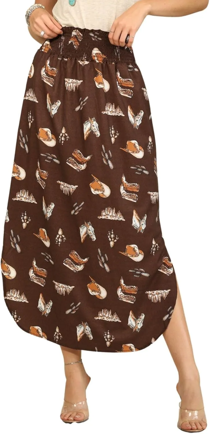 Womens Western Horse Desert Print Smock Waist Maxi Skirt Tribal Cowgirl Skirt Dress