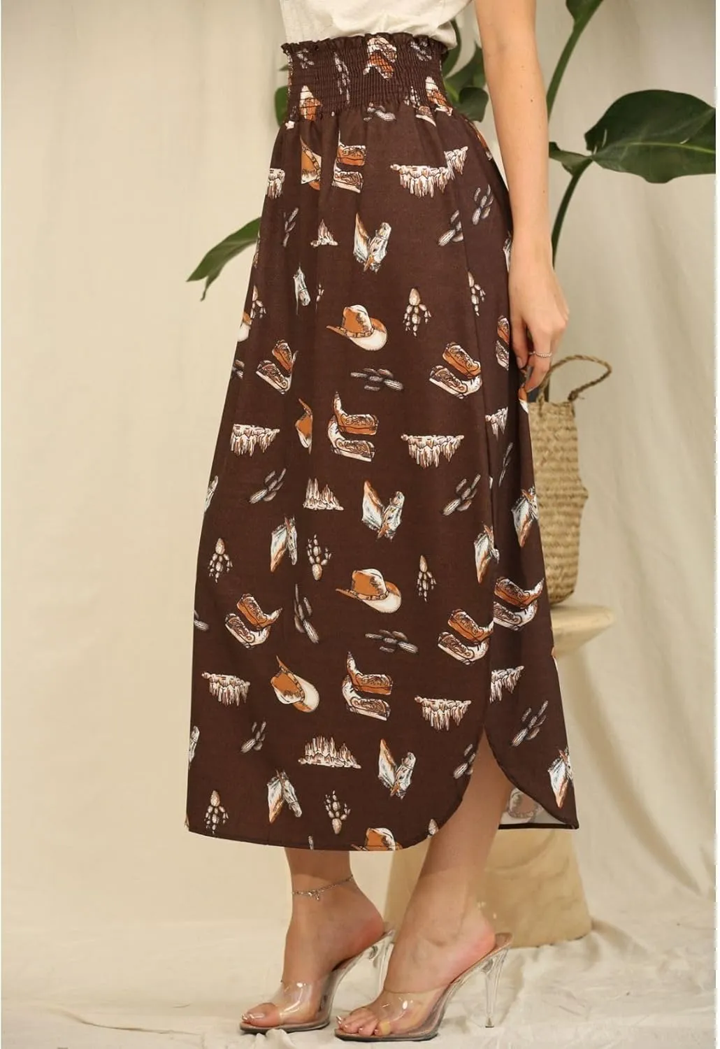 Womens Western Horse Desert Print Smock Waist Maxi Skirt Tribal Cowgirl Skirt Dress