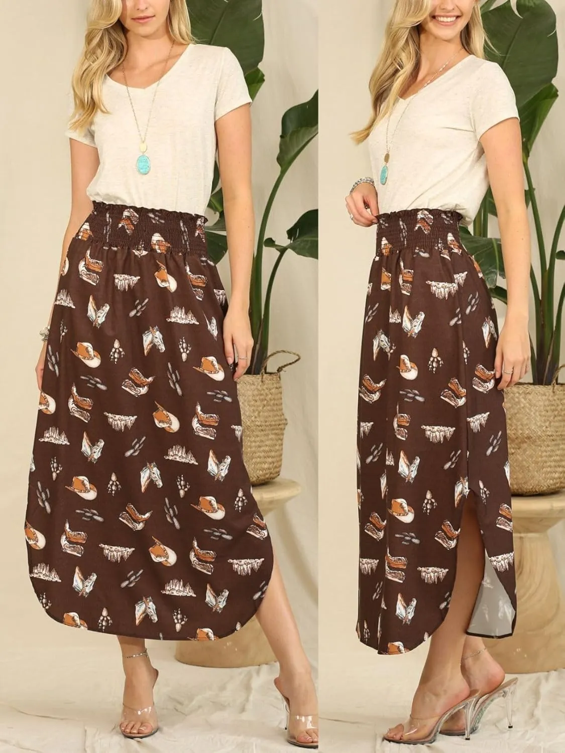 Womens Western Horse Desert Print Smock Waist Maxi Skirt Tribal Cowgirl Skirt Dress