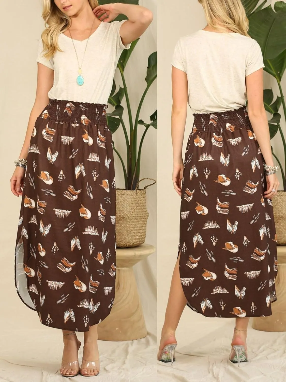 Womens Western Horse Desert Print Smock Waist Maxi Skirt Tribal Cowgirl Skirt Dress