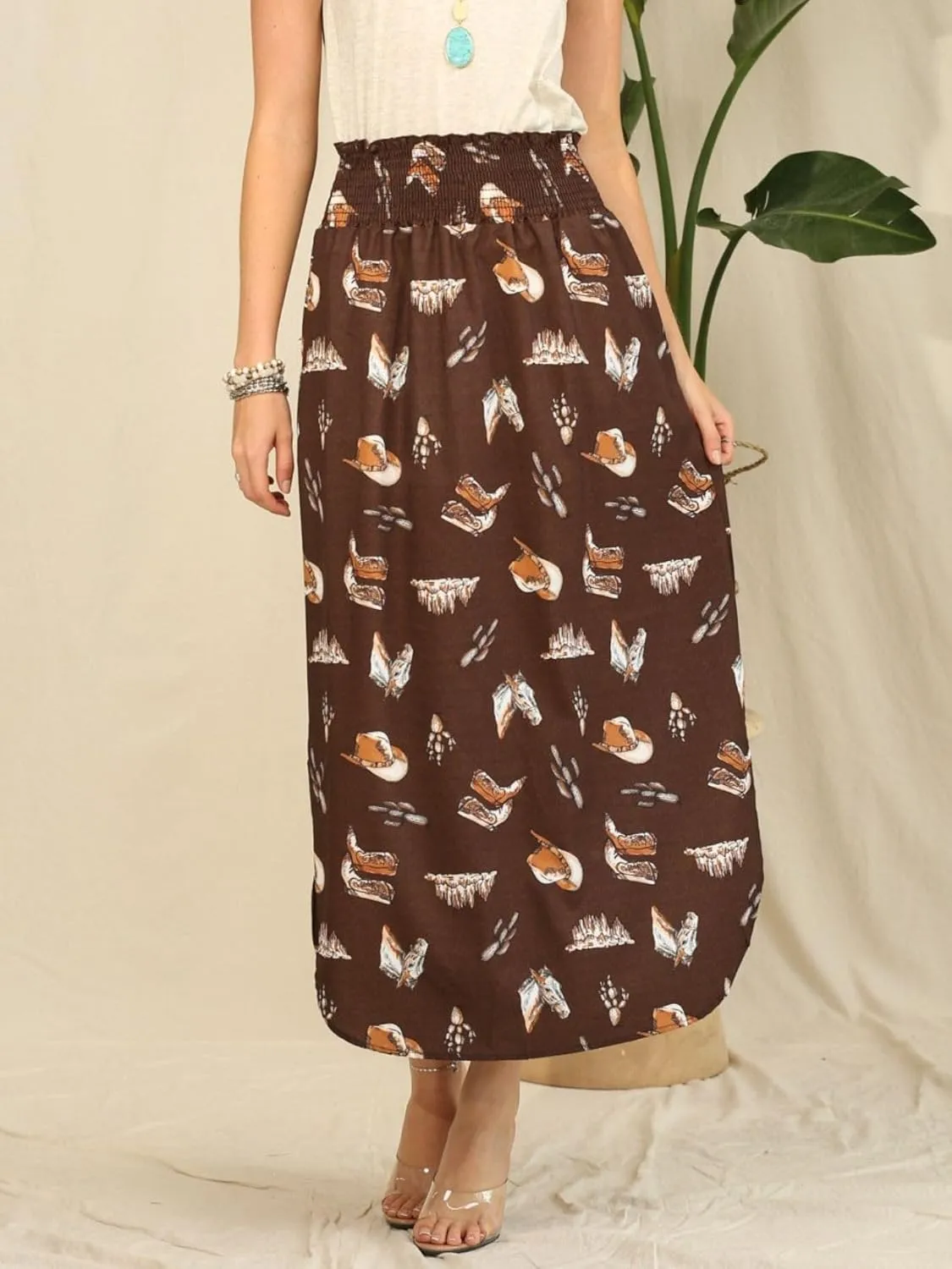Womens Western Horse Desert Print Smock Waist Maxi Skirt Tribal Cowgirl Skirt Dress