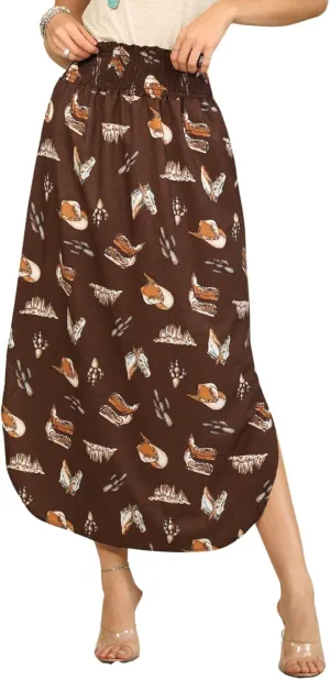 Womens Western Horse Desert Print Smock Waist Maxi Skirt Tribal Cowgirl Skirt Dress