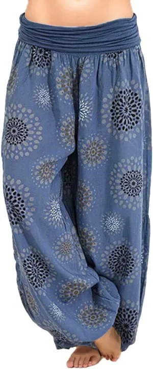 Womens Wide Leg Harem Pants Elastic Waist Casual Boho Floral Print Fashion Loose Pant Vintage Yoga Trousers