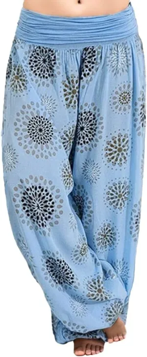 Womens Wide Leg Harem Pants Elastic Waist Casual Boho Floral Print Fashion Loose Pant Vintage Yoga Trousers