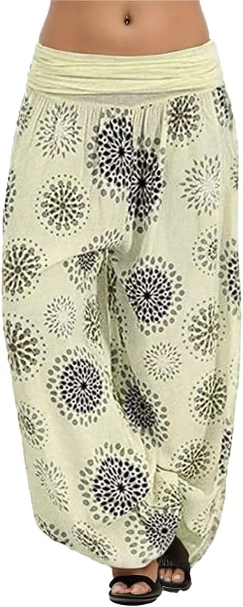 Womens Wide Leg Harem Pants Elastic Waist Casual Boho Floral Print Fashion Loose Pant Vintage Yoga Trousers