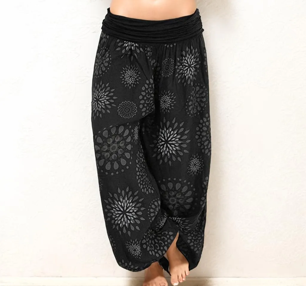 Womens Wide Leg Harem Pants Elastic Waist Casual Boho Floral Print Fashion Loose Pant Vintage Yoga Trousers