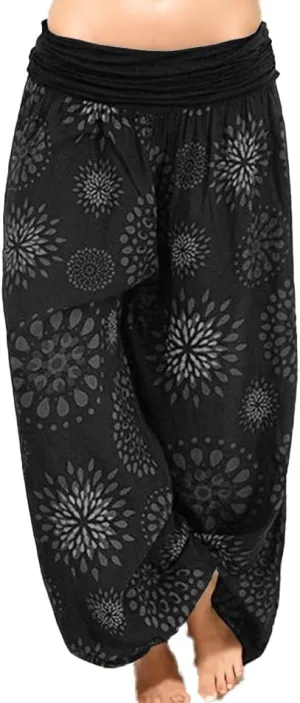 Womens Wide Leg Harem Pants Elastic Waist Casual Boho Floral Print Fashion Loose Pant Vintage Yoga Trousers