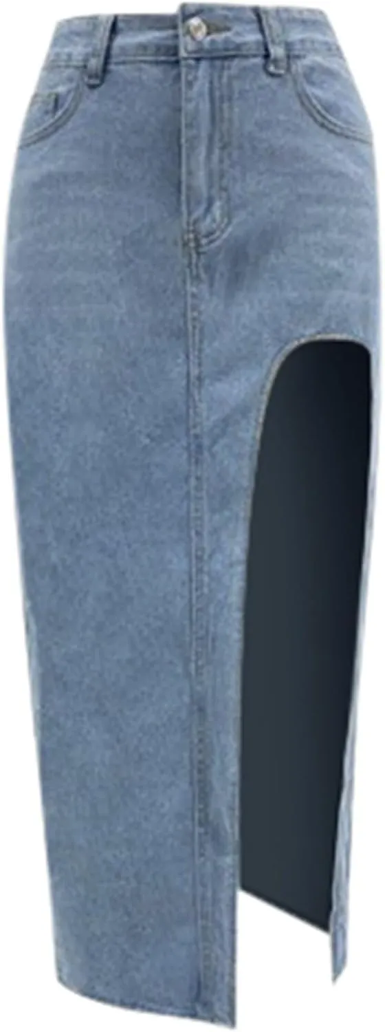 Women's Wide Leg Jeans High Waisted Casual Trendy Split Thigh Maxi Denim Skirt Ladies Zip Up Long Pencil Jean Skirt