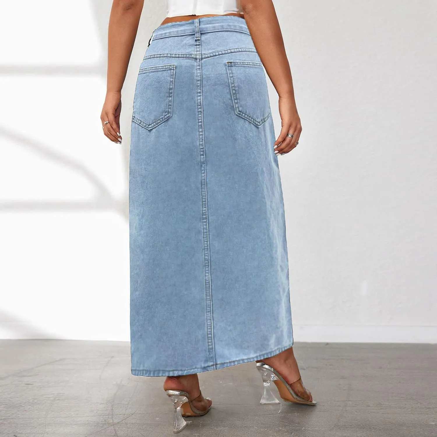 Women's Wide Leg Jeans High Waisted Casual Trendy Split Thigh Maxi Denim Skirt Ladies Zip Up Long Pencil Jean Skirt