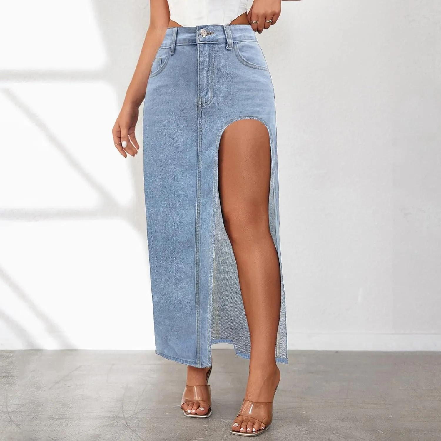 Women's Wide Leg Jeans High Waisted Casual Trendy Split Thigh Maxi Denim Skirt Ladies Zip Up Long Pencil Jean Skirt
