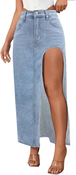 Women's Wide Leg Jeans High Waisted Casual Trendy Split Thigh Maxi Denim Skirt Ladies Zip Up Long Pencil Jean Skirt