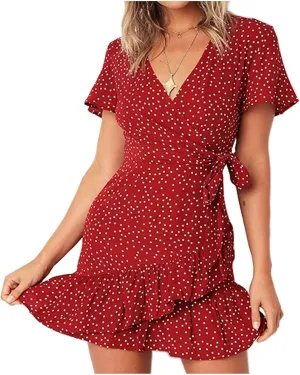 Women's Wrap Dress Summer Deep V-Neck Short Sleeve Floral Print Mini Ruffle Wrap Dress with Self Tie