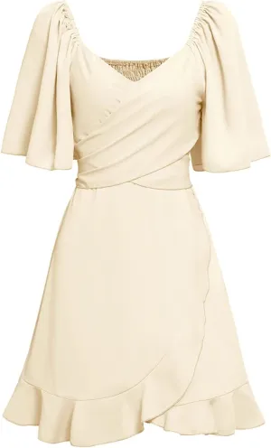 Women's Wrap V Neck Short Flared Sleeve Wedding Guest Dress Smocked Elastic Waist Tiered Belted Ruffle Hem Mini Dress