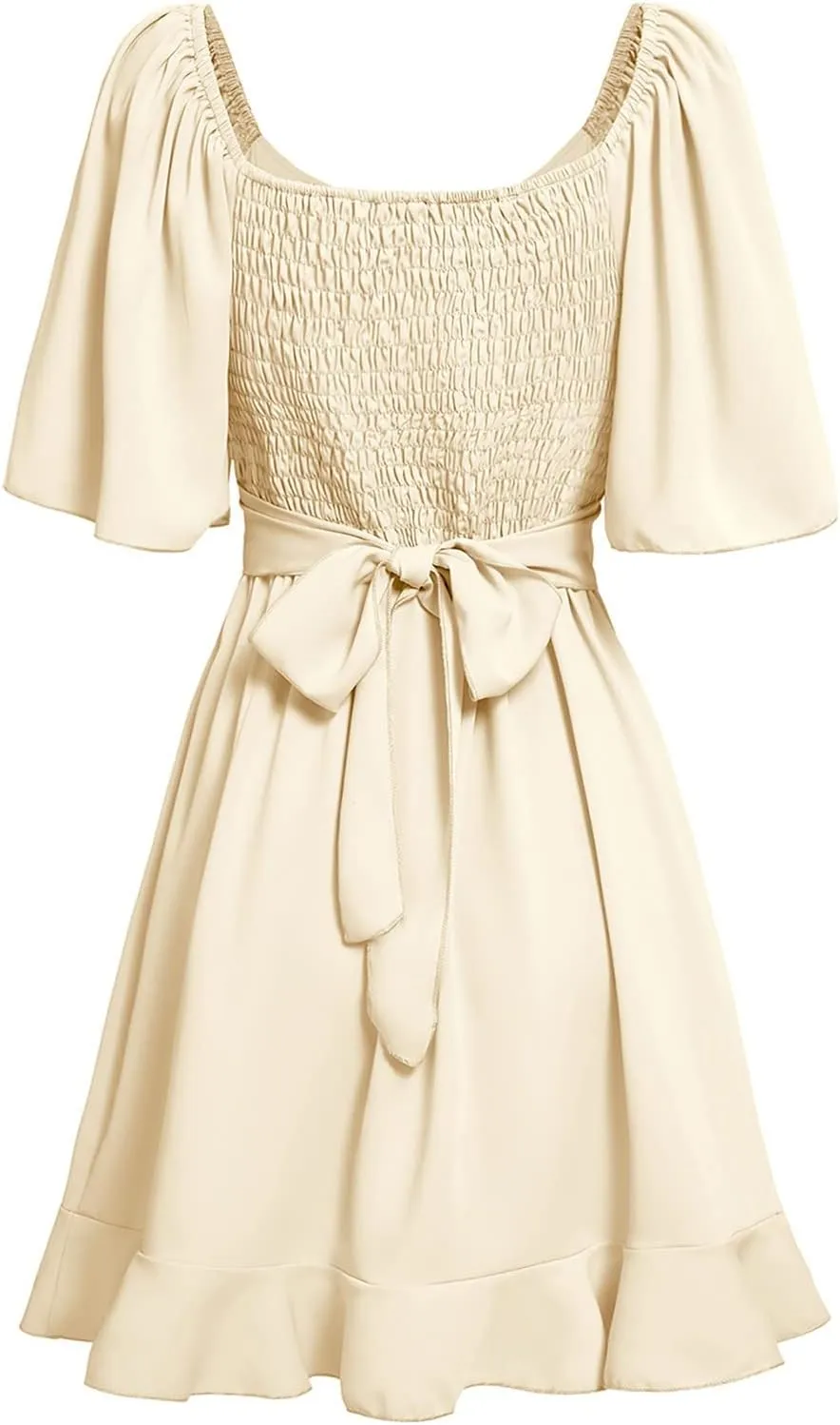 Women's Wrap V Neck Short Flared Sleeve Wedding Guest Dress Smocked Elastic Waist Tiered Belted Ruffle Hem Mini Dress