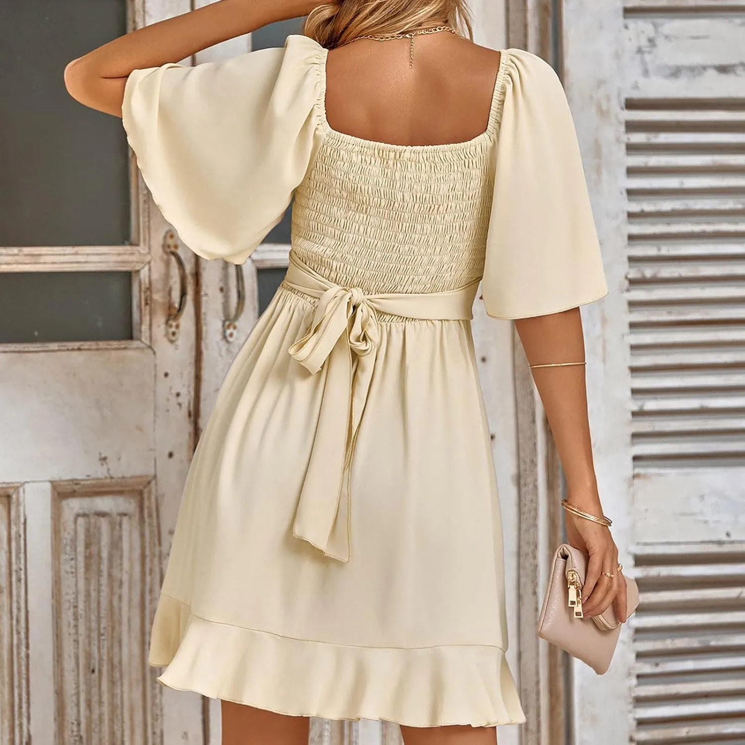 Women's Wrap V Neck Short Flared Sleeve Wedding Guest Dress Smocked Elastic Waist Tiered Belted Ruffle Hem Mini Dress