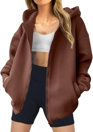 Womens Zip Up Hoodies Fleece Jackets Long Sleeve Oversized Sweatshirt Casual Fall Fashion Preppy Outfits for Women