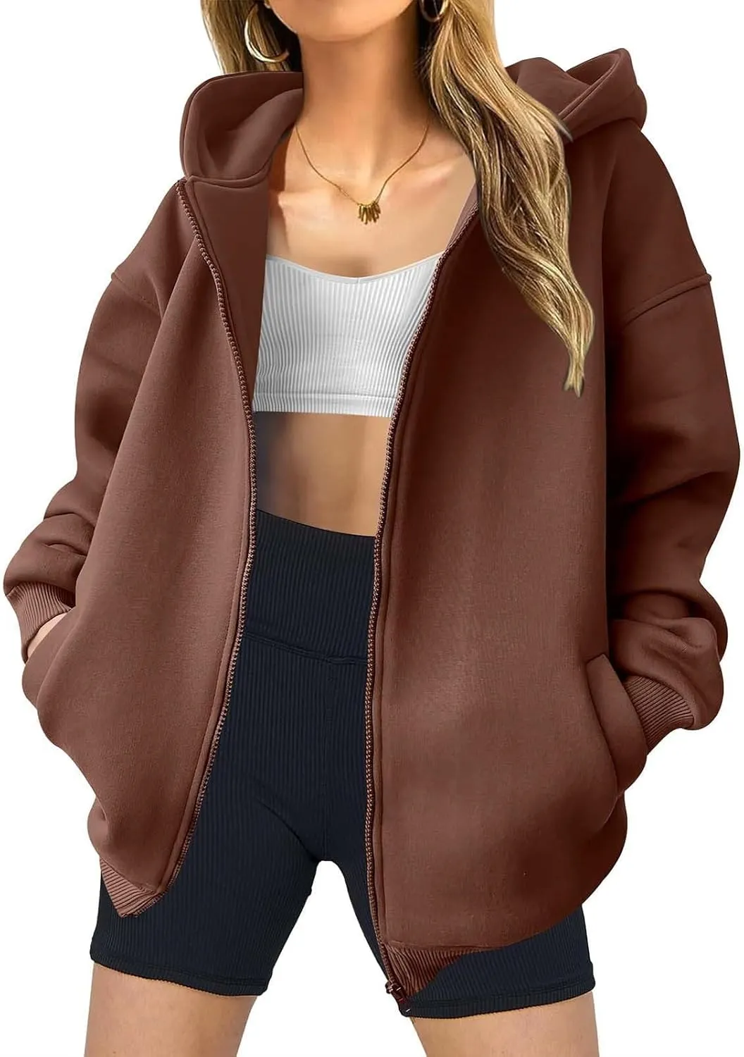 Womens Zip Up Hoodies Fleece Jackets Long Sleeve Oversized Sweatshirt Casual Fall Fashion Preppy Outfits for Women
