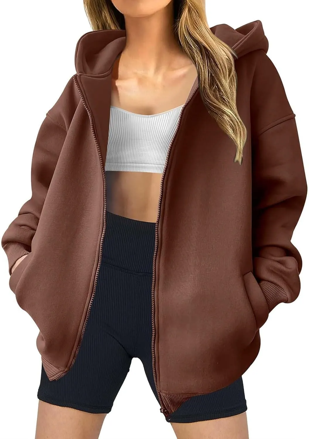 Womens Zip Up Hoodies Fleece Jackets Long Sleeve Oversized Sweatshirt Casual Fall Fashion Preppy Outfits for Women