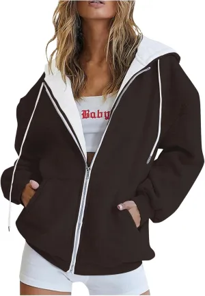 Womens Zip Up Hoodies Long Sleeve Fall Oversized Sweatshirts Jacket with Pockets 2025 Fashion Clothes Sweaters