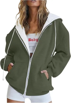 Womens Zip Up Hoodies Long Sleeve Fall Oversized Sweatshirts Jacket with Pockets 2025 Fashion Clothes Sweaters