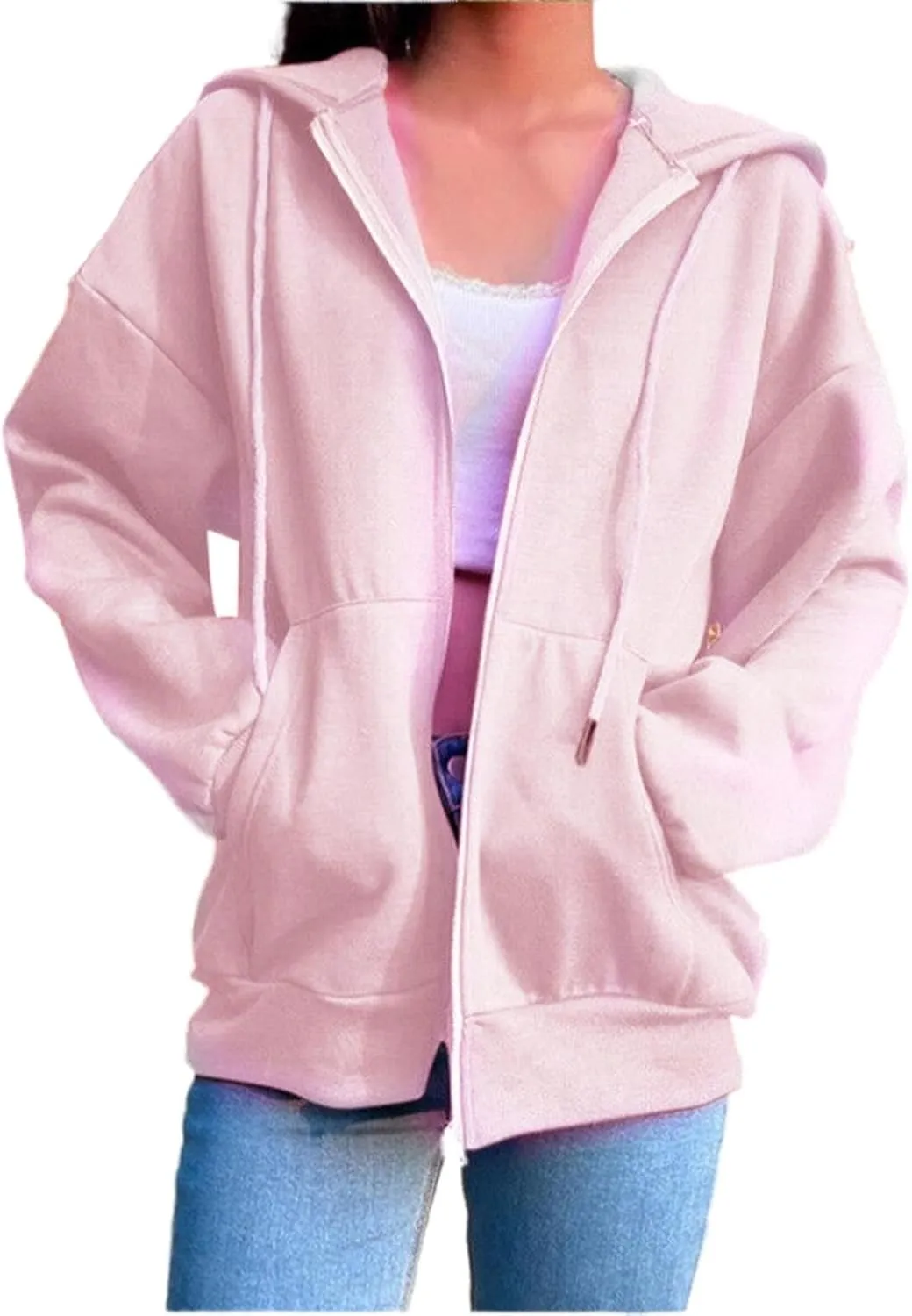 Womens Zip Up Hoodies Oversized Lightweight Hooded Solid Sweatshirt Long Sleeve Jacket Y2K Fall Clothes