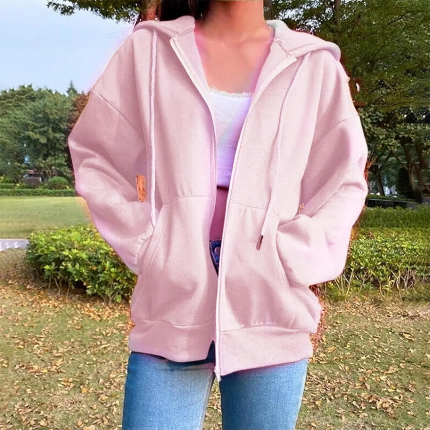 Womens Zip Up Hoodies Oversized Lightweight Hooded Solid Sweatshirt Long Sleeve Jacket Y2K Fall Clothes