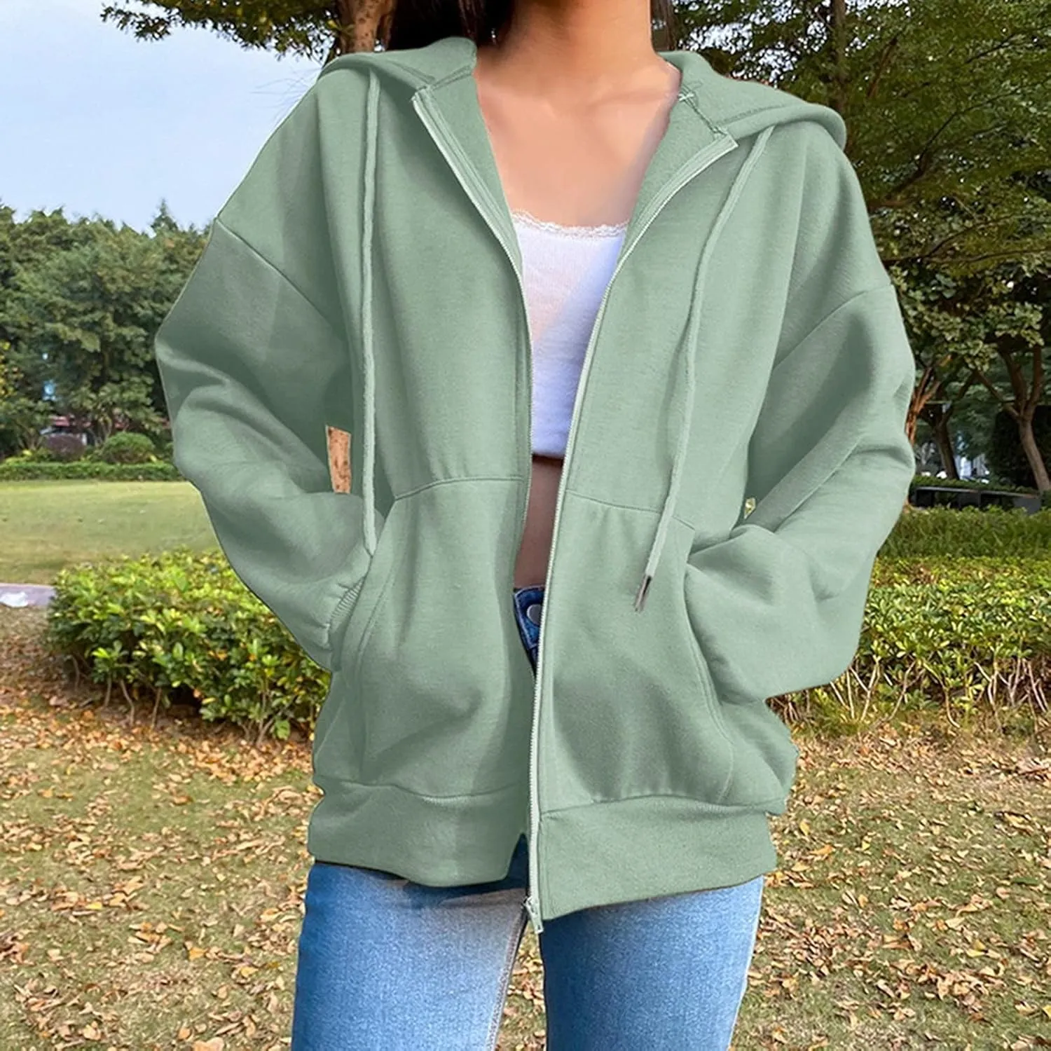 Womens Zip Up Hoodies Oversized Lightweight Hooded Solid Sweatshirt Long Sleeve Jacket Y2K Fall Clothes