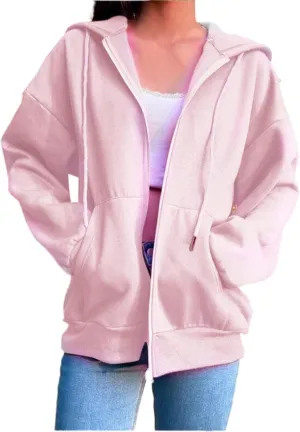 Womens Zip Up Hoodies Oversized Lightweight Hooded Solid Sweatshirt Long Sleeve Jacket Y2K Fall Clothes