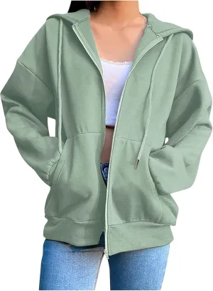 Womens Zip Up Hoodies Oversized Lightweight Hooded Solid Sweatshirt Long Sleeve Jacket Y2K Fall Clothes