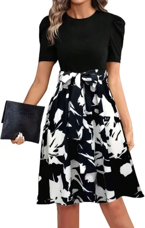 Wrap Dresses for Women 2025 Knee Length Floral Mini Dress Elegant Classy Flowy Ruffle Patchwork Empire Waist Dress