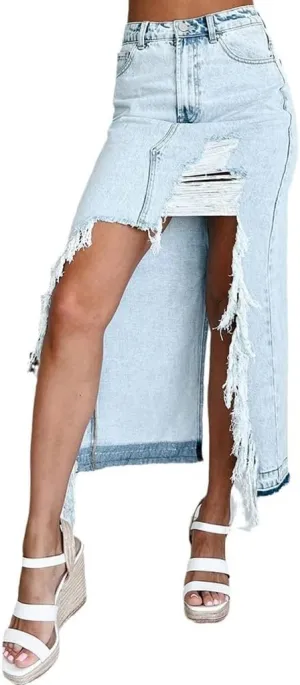Wuitrie Jean Skirts for Women Denim High Waisted Irregular Dress Vintage Split Midi Length Skirt Going Out Travel Dress