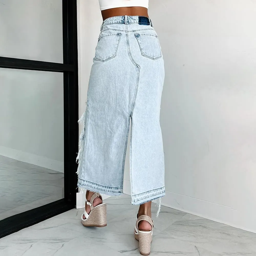 Wuitrie Jean Skirts for Women Denim High Waisted Irregular Dress Vintage Split Midi Length Skirt Going Out Travel Dress