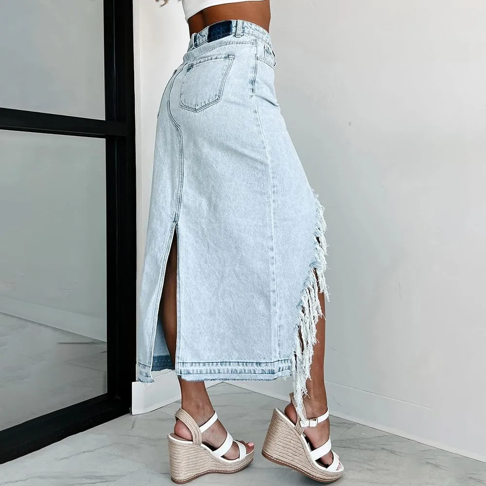 Wuitrie Jean Skirts for Women Denim High Waisted Irregular Dress Vintage Split Midi Length Skirt Going Out Travel Dress