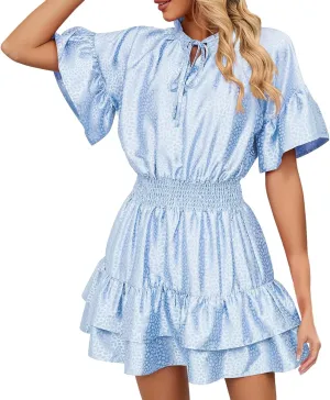 XOWRTE Womens Lace-up V Neck Casual Tiered A-Line Dresses Summer High Waist Ruffle Pleated Cute Mini Short Dress Babydoll