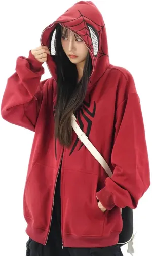 Y2K Hip Hop Spider Hoodie for Women Men Graphic Full Zip up Hoodies Oversized Kawaii gothic punk Hoodies Jacket