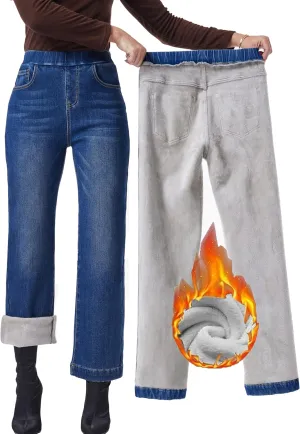 Yehopere Women's Fleece Lined Jeans High Waisted Wide Leg Jeans Winter Flannel Fleece Lined Jean