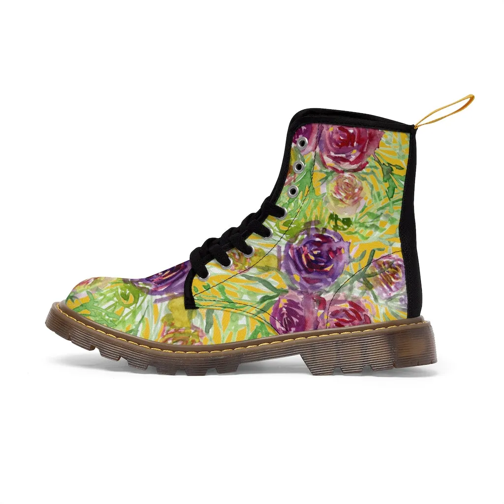 Yellow Rose Floral Women's Boots, Pink Purple Rose Flower Printed Hiking Combat Boots For Ladies