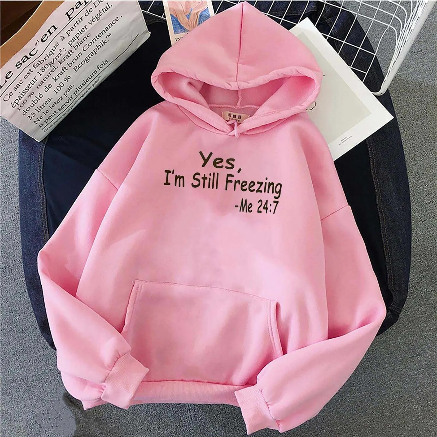 Yes, I'm Still Freezing Me 24:7 Hoodies for Women Drop Shoulder Oversized Sweatshirts Long Sleeve Casual Pullover