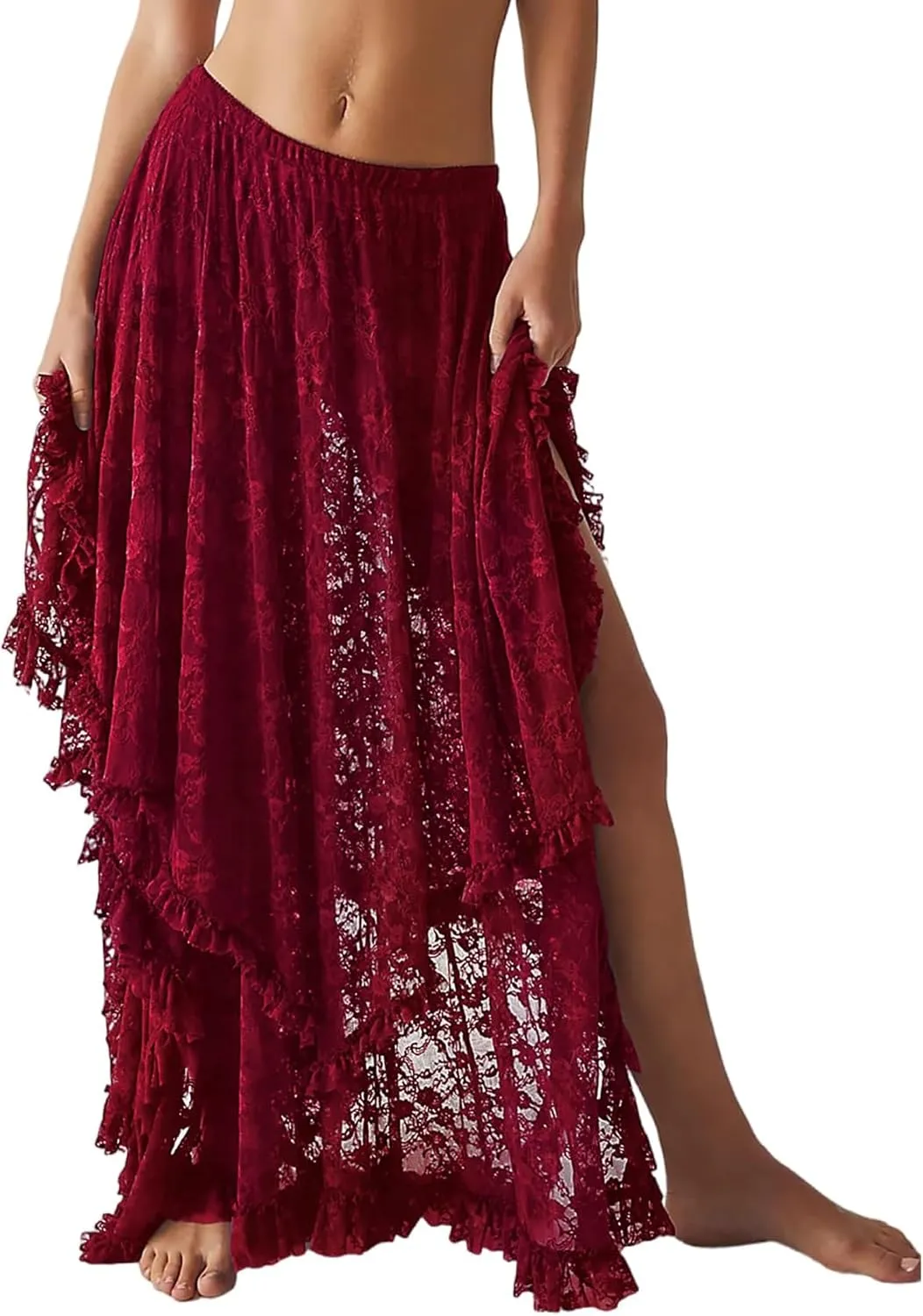 Yimoon Women's Floral Lace Long Skirts Elastic Asymmetrical Layered See-Through Maxi Skirts Sexy Sheer Flowy Beach Skirt