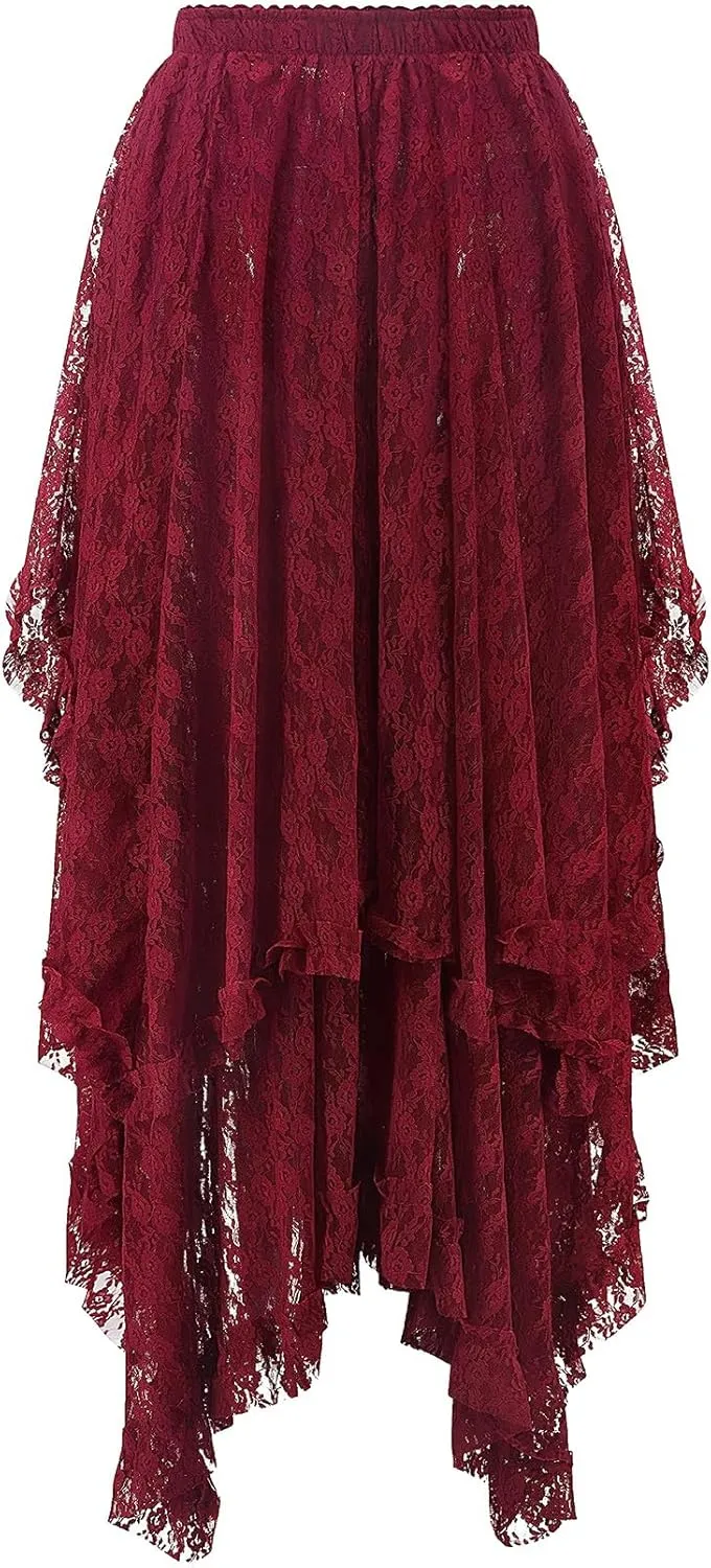 Yimoon Women's Floral Lace Long Skirts Elastic Asymmetrical Layered See-Through Maxi Skirts Sexy Sheer Flowy Beach Skirt