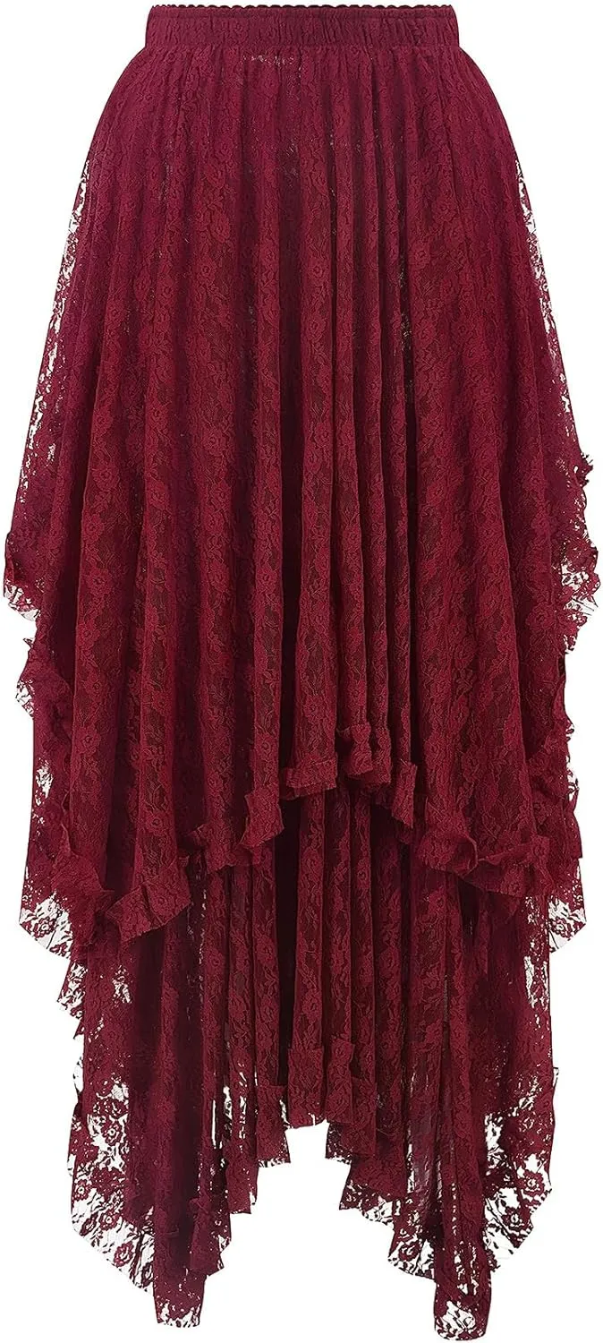 Yimoon Women's Floral Lace Long Skirts Elastic Asymmetrical Layered See-Through Maxi Skirts Sexy Sheer Flowy Beach Skirt